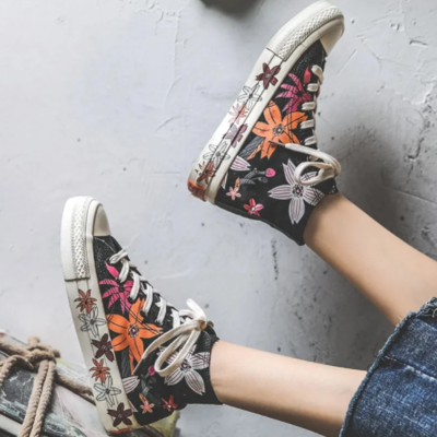 Chic print black high-top canvas shoes 