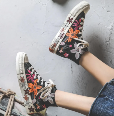 Chic Print Black High-Top Canvas Shoes 