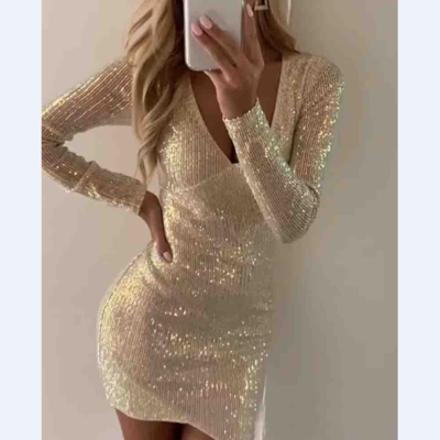 V-neck sexy long sleeve sequin dress