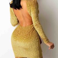 Ladies Leopard Print V-Neck Open Back Long Sleeve Dress - Thumbnail 2