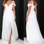 White Chiffon Summer Beach Boho Wedding Dresses Cheap A Line Off the Shoulder Bridal Gowns Side Split Long Wedding Gowns,221-1