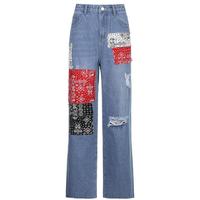 Paisley Patchwork Ripped Jeans Denim Pants - Thumbnail 3