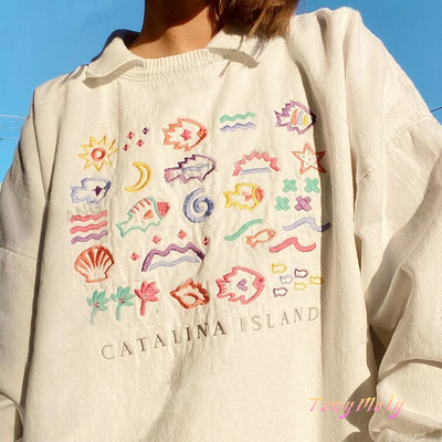 Cataline Island Marine Sea Fish Embroidery Turnover Collar White Sweater
