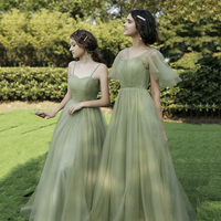 Green tulle long A line prom dress bridesmaid dress - Thumbnail 1