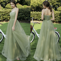Green tulle long A line prom dress bridesmaid dress - Thumbnail 3