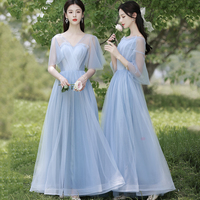 Blue tulle long A line prom dress bridesmaid dress - Thumbnail 1