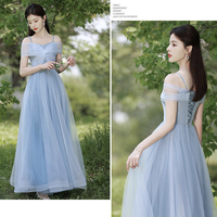 Blue tulle long A line prom dress bridesmaid dress - Thumbnail 4