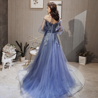 Blue tulle lace long prom dress A line evening gown - Thumbnail 1
