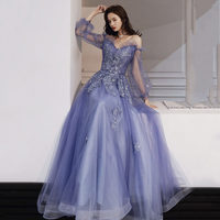 Blue tulle lace long prom dress A line evening gown - Thumbnail 2