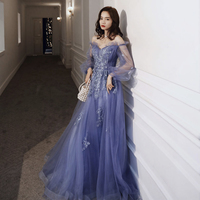 Blue tulle lace long prom dress A line evening gown - Thumbnail 4