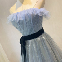 Blue tulle sequins long prom dress blue evening gown - Thumbnail 1