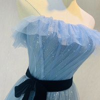 Blue tulle sequins long prom dress blue evening gown - Thumbnail 2