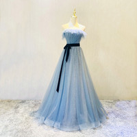 Blue tulle sequins long prom dress blue evening gown - Thumbnail 5