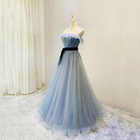 Blue tulle sequins long prom dress blue evening gown - Thumbnail 3