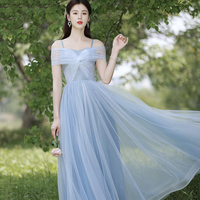 Blue tulle long A line prom dress bridesmaid dress - Thumbnail 2