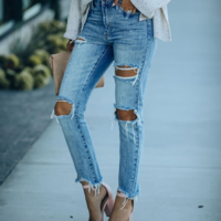 Slim Break Hole Denim Trousers - Thumbnail 1