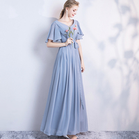 Blue chiffon long A line prom dress bridesmaid dress - Thumbnail 7