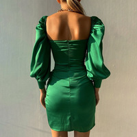 Women'S High Waist Puff Sleeve Solid Color Dress - Thumbnail 3