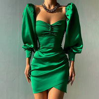 Women'S High Waist Puff Sleeve Solid Color Dress - Thumbnail 1