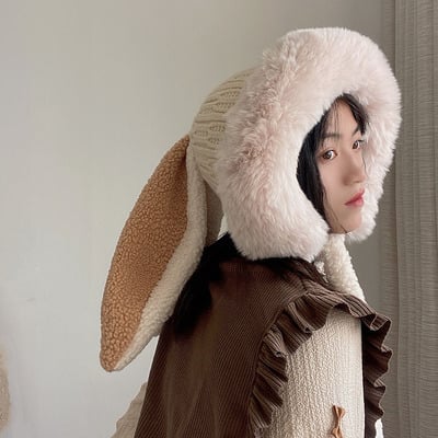 Fleece warm rabbit ears beanie hat 