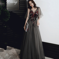 Black v neck tulle sequins long prom dress evening gown - Thumbnail 1