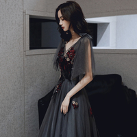 Black v neck tulle sequins long prom dress evening gown - Thumbnail 4