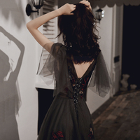 Black v neck tulle sequins long prom dress evening gown - Thumbnail 5