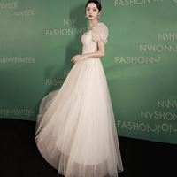 White tulle sequins long prom dress A line evening gown - Thumbnail 1