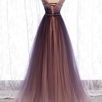 A line v neck tulle long prom dress evening dress - Thumbnail 1