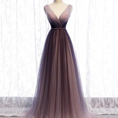 A line v neck tulle long prom dress evening dress - Thumbnail 2