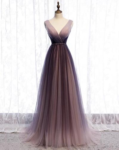 A line v neck tulle long prom dress evening dress
