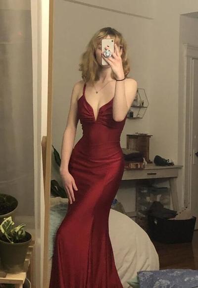 Burgundy Mermaid V Neck Satin Long Prom Dresses