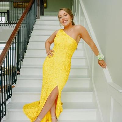 Sexy one shoulder yellow sequin long prom dress - Thumbnail 4