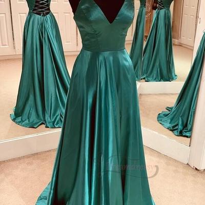 Simple v neck green long prom dress  - Thumbnail 3