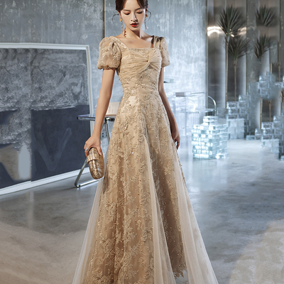 Cute tulle lace long prom dress a line evening gown - Thumbnail 4