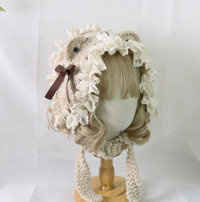  Girl Cat Ear Lace Trim Sweet Handmade Hat