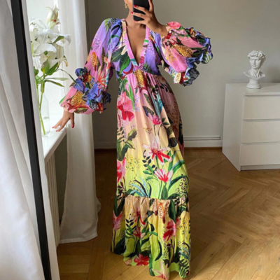 Floral print long dress sexy deep v-neck  - Thumbnail 3