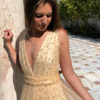 Princess a line v neck gold prom dress with pearls - Thumbnail 2