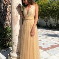 Princess A Line V Neck Gold Prom Dress with Pearls - Thumbnail 2
