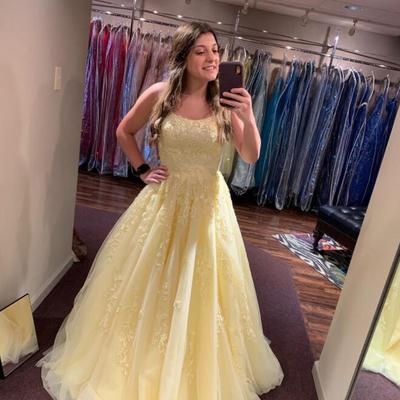 Princess yellow long prom dress with lace  - Thumbnail 1