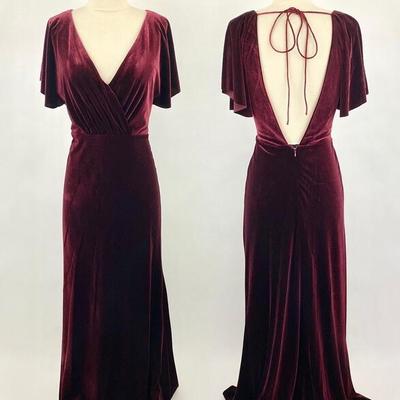 A-line burgundy velvet long prom dress - Thumbnail 2