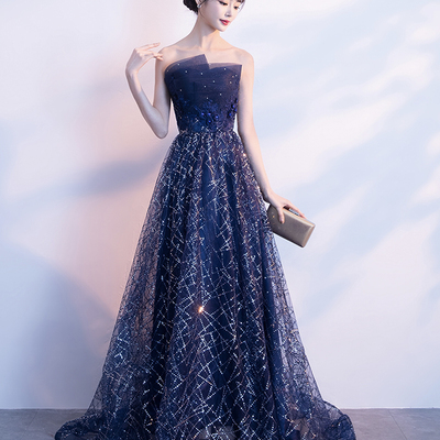 Blue tulle sequins long prom dress a line evening gown - Thumbnail 3