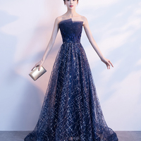 Blue tulle sequins long prom dress A line evening gown - Thumbnail 1