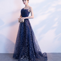Blue tulle sequins long prom dress A line evening gown - Thumbnail 2