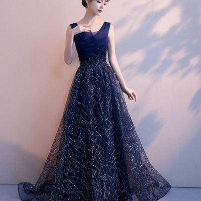 Blue v neck tulle sequins long prom dress blue evening gown - Thumbnail 4