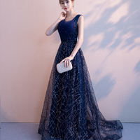Blue v neck tulle sequins long prom dress blue evening gown - Thumbnail 1