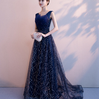 Blue v neck tulle sequins long prom dress blue evening gown - Thumbnail 3