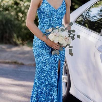 Sexy mermaid blue sequin long prom dress with slit - Thumbnail 4