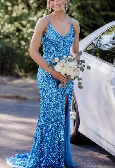 Sexy Mermaid Blue Sequin Long Prom Dress with Slit
