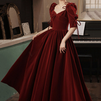 Burgundy velvet long prom dress A line evening gown - Thumbnail 1